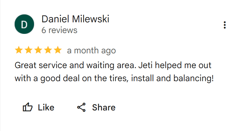 Screenshot of a verified Google Maps review for UNI Tires